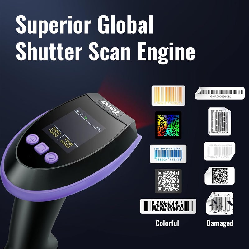 Tera Barcode Scanner Wireless with Screen: Pro Version 1D 2D QR with Setting Keypad Charging Cradle Works with Bluetooth 2.4G Wireless USB Wired Handheld Bar Code Reader HW0009 Purple - Image 4
